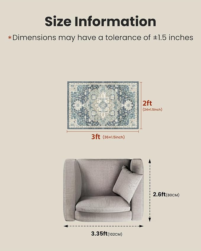 AMADA HOMEFURNISHING 2x3 Washable Area Rug, Low-Profile Entryway Rug with Non-Slip Backing & Durable Edge Binding, Vintage Rug Pattern, Small Rugs for Entryway, Kitchen & Living Room