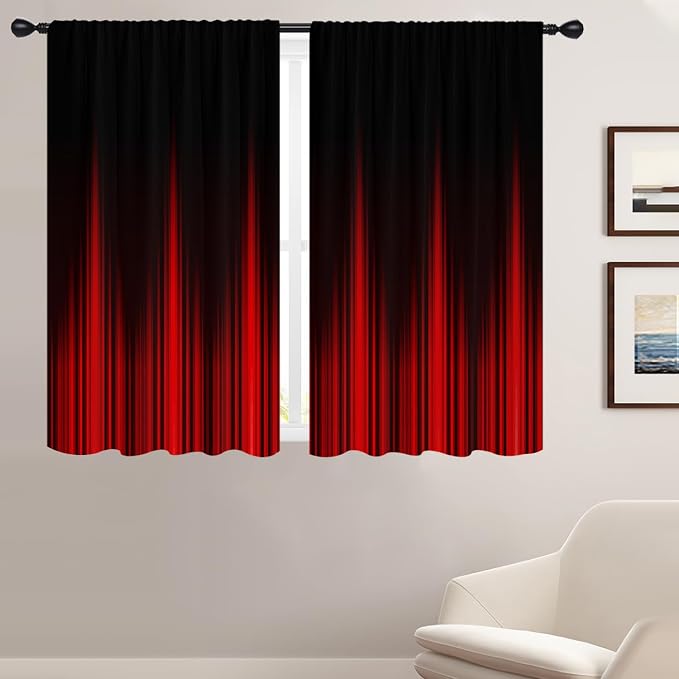 Coxila Red Black Window Curtains for Bedroom 52 x 63 Inch Rod Pocket Ombre Wide Burgundy Simple Boho Stripe Gradient Pattern Design Living Room Treatment Set of 2 Curtain Panels Drapes Drapes
