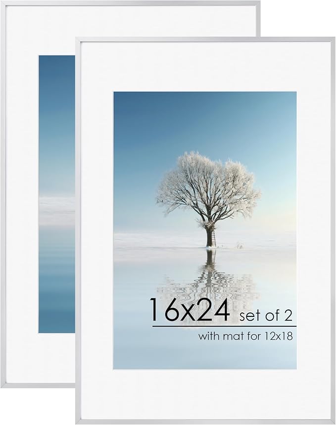 FLYJOE 16x24 Metal Aluminum Picture Frame With Mat For 12x18 | Minimalist Modern Poster Frame With Tempered Glass | Hanging Hardware Included | Set of 2, Silver