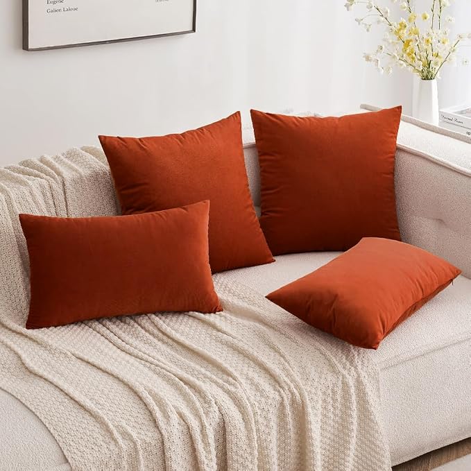 MIULEE Velvet Throw Pillow Covers 12x20 Inch, Pack of 2 - Burnt Orange, Soft Solid Lumbar Fall Decorative Pillow Covers Modern Luxury Home Decor for Chair Couch Sofa Bedroom Livingroom