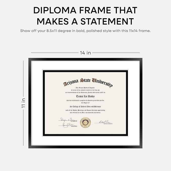 Homeforia 11x14 Diploma Frame Black, High End Metal 11 x 14 Certificate Frame with Mat 8.5 x 11 inch, 14x11 Document Frame Matted to 8.5x11, Award Graduation Frames, Tempered Glass, Wall Kit, Set of 2