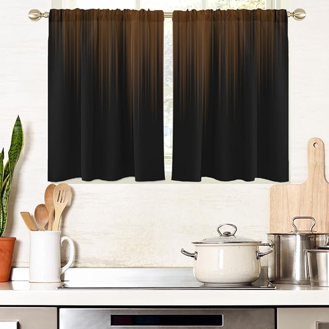 AAtter Brown and Black Kitchen Curtains, Ombre 27.5" W x 39" L, 2 Panels | Modern Striped Rod Pocket Drapes, Dark Abstract Gradient Style, Moody Masculine Design, Small Short Bathroom Window Tiers