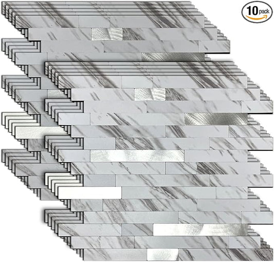 10-Sheet Peel and Stick Backsplash Tile, PVC Mixed Meta,l Stick on Kitchen, Bathroom Vanities, Fireplace Décor, Laundry Table(11.2" X 12.7") (10, White Marble + Silver)