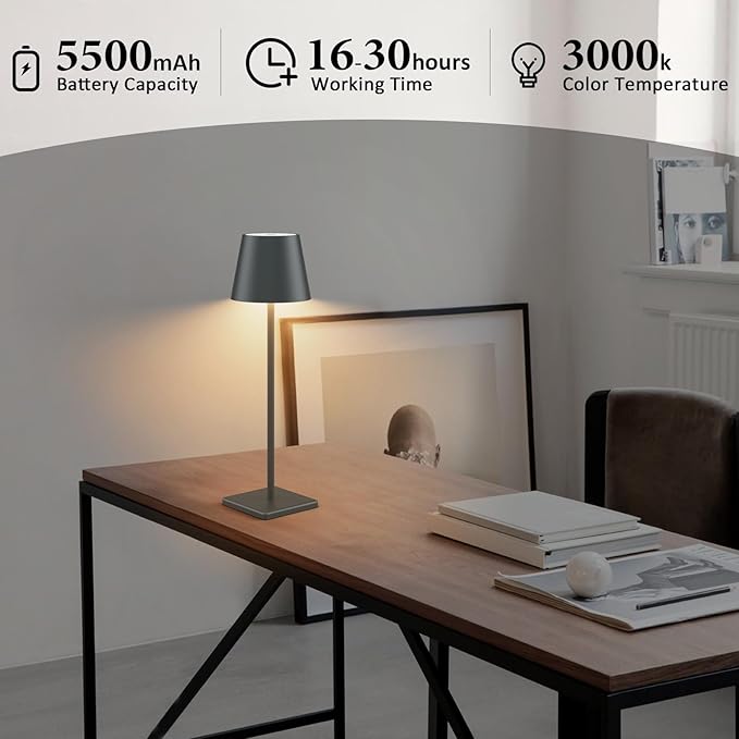 2 Packs LED Cordless Table Lamp, Rechargeable Battery Desk lamp 5000mAh Battery Operated Stepless Dimming Modern Portable Table Light for Restaurant/Table/Bedroom/Outdoor IP54 Waterproof (Anthracite)