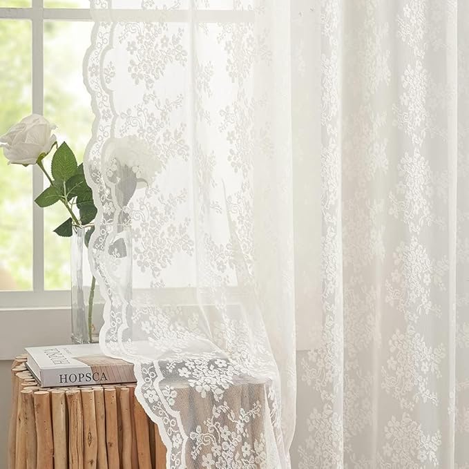 YJ YANJUN Vintage Lace Curtains 94 Inches Long- Antique Flowers Ivory Sheer Curtain Panels for Living Room Bedroom French Door, Light Filtering Drapes, 2 Panels 52W x 94L Cream