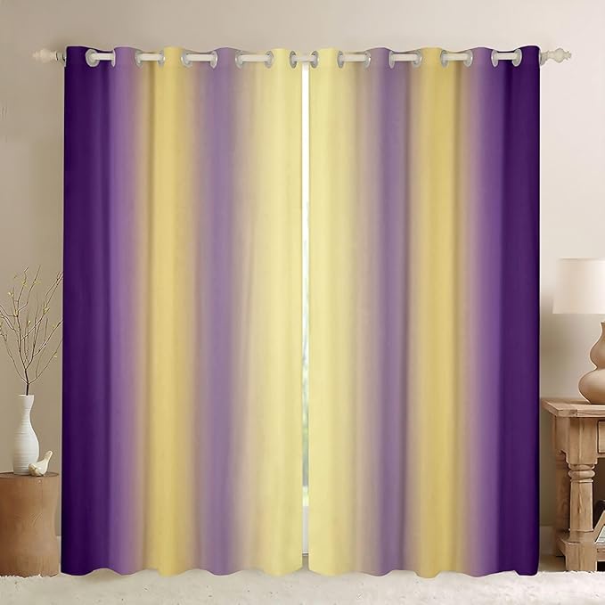 jejeloiu (2 Panels, 38 x 54 Inch Purple and Yellow Darkening Drapes Gradient Style Curtains for Bedroom for Kids Women Men Ombre Printed Blackout Curtains Geometric Window Treatments