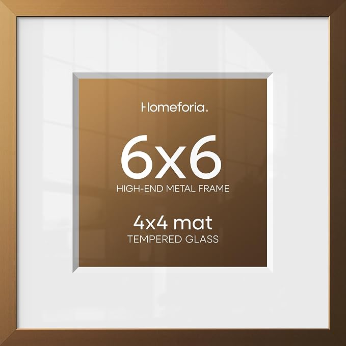 Homeforia 6x6 Picture Frames Bronze, High End Metal 6 x 6 Square Photo Frame with Mat 4 by 4, 6x6 Brass Frame Matted to 4x4 inch Print, 6by6 Wall or Tabletop Frames, Tempered Glass, Wall Kit, Set of 2