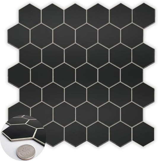 10-Sheet Hexagon Peel and Stick Backsplash, 11.42" x 11.42" Black Honeycomb Self-Adhesive Marble Mosaic Wall Tile, Waterproof Stick on Backsplash Tiles for Kitchen Bathroom Shower