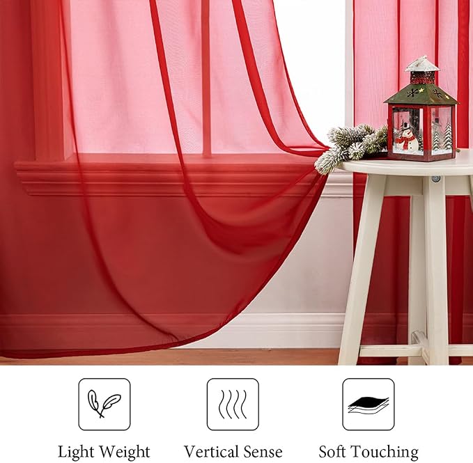 MIULEE 2 Panels Red Solid Color Sheer Christmas Window Curtains Elegant Window Voile Panels/Drapes/Treatment for Bedroom Living Room (54X45 Inches)