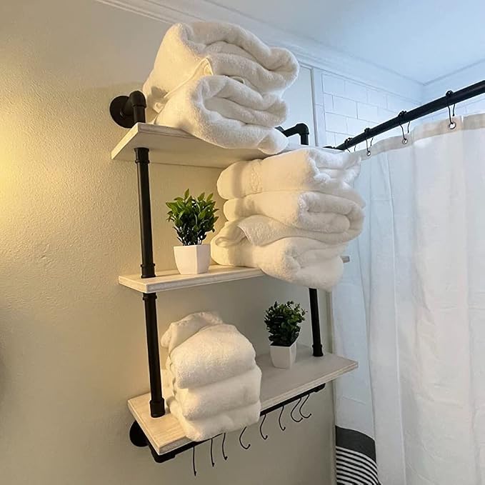 ROGMARS Industrial Pipe Shelving Bathroom Shelves with Towel Bar | Retro White Rustic Farmhouse Industrial Wall shelf Bathroom Shelves Over toilet for Storage 3 Tier 24 inch