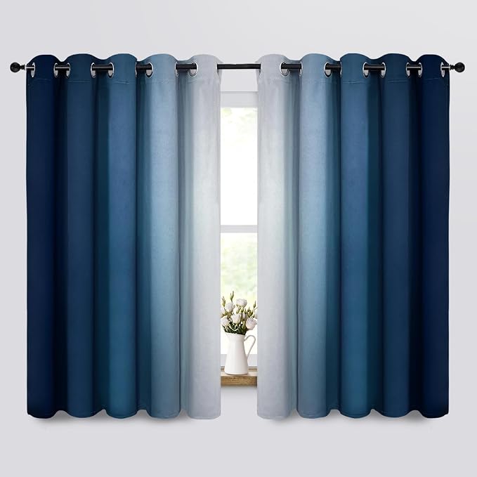 Yakamok Ombre Curtains Blue and Greyish White for Living Room,70Wx63L | Room Darkening Curtains 63,Thermal Insulated Gradient Color Drape,Light Blocking Grommet Window Curtains for Bedroom,2 Panels