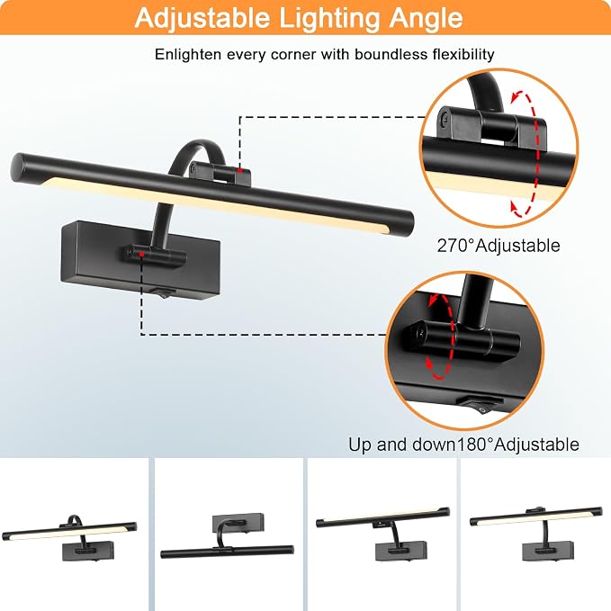 Tassuowell Wireless Battery Operated Picture Light,Rechargeable Wall Light with Remote and Timer,15.75 Inch Black Dimmable Painting Light,3CCT with Adjustable Swing Arm for Display Gallery Lighting