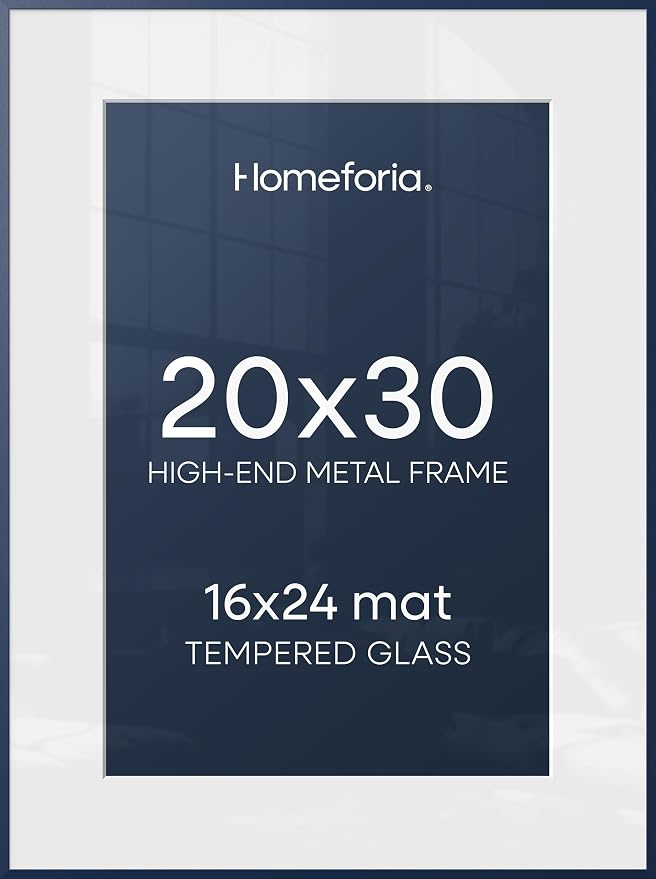 Homeforia 20x30 Frame Navy Blue, High End Metal 20x30 Picture Frames with Mat 16x24 inch Photo, 20 x 30 Navy Blue Poster Frame Matted to 16 by 24, 30x20 Large Frame, Tempered Glass, Wall Kit, Set of 1