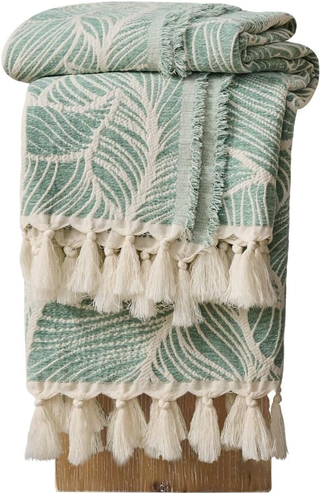 DOWN HOME Chenille Cotton Throw Blanket for Couch, Lightweight Boho Blanket for Bed Sofa Chair Living Room Outdoor Soft Woven Decorative Blanket with Tassel Gift Green Leaves 60"x80"