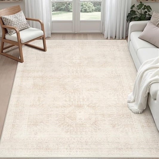 3x5 Area Rugs for Living Room: Vintage Boho Neutral Washable Rug Indoor Soft Large Area Rug Carpet for Bedroom Nursery Farmhouse Dining Room Office Floor Non-Slip Low Pile Under Table Rug Beige