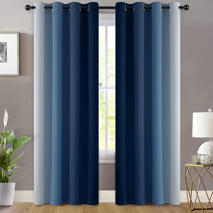 Yakamok Ombre Curtains Blue and Greyish White for Living Room,52Wx96L | Room Darkening Curtains 96,Thermal Insulated Gradient Color Drape,Light Blocking Grommet Window Curtains for Bedroom,2 Panels