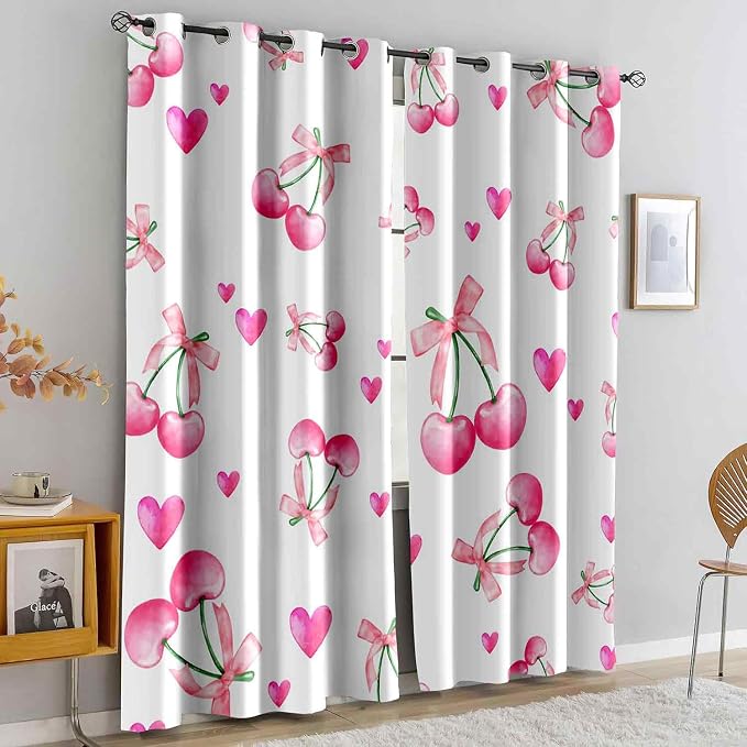 LUVIVIHOME Cute Cherry Blackout Curtains, Pink Heart Bow Curtains for Girls Bedroom Living Room, Aesthetic Bowknot Girly Preppy Coquette Room Decor, Grommet Window Drapes 2 Panel Sets, 52x63 Inch