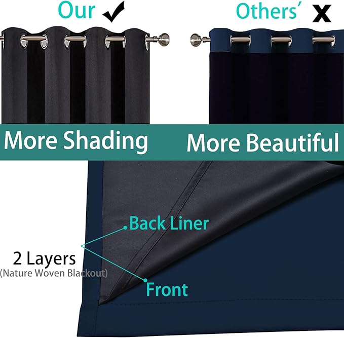 Yakamok 100% Blackout Lined Pair Curtains for Bedroom, Window Treatment Thermal Insulated Soundproof Drapes for Living Room(42Wx63L,Navy Blue, 2 Panels)