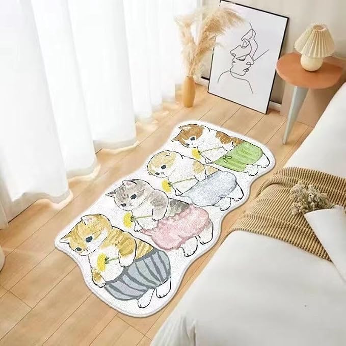 Cat Rugs, 1.3' X 3.9' Small Cute Irregular Shaped Rug for Bedroom Bathroom Room, Funny Cartoon Pet Area Carpet Kid Rugs, Cat Decor Dog Shaped Pet and Children Entryway Runner Rug (D Four Pants Cat)