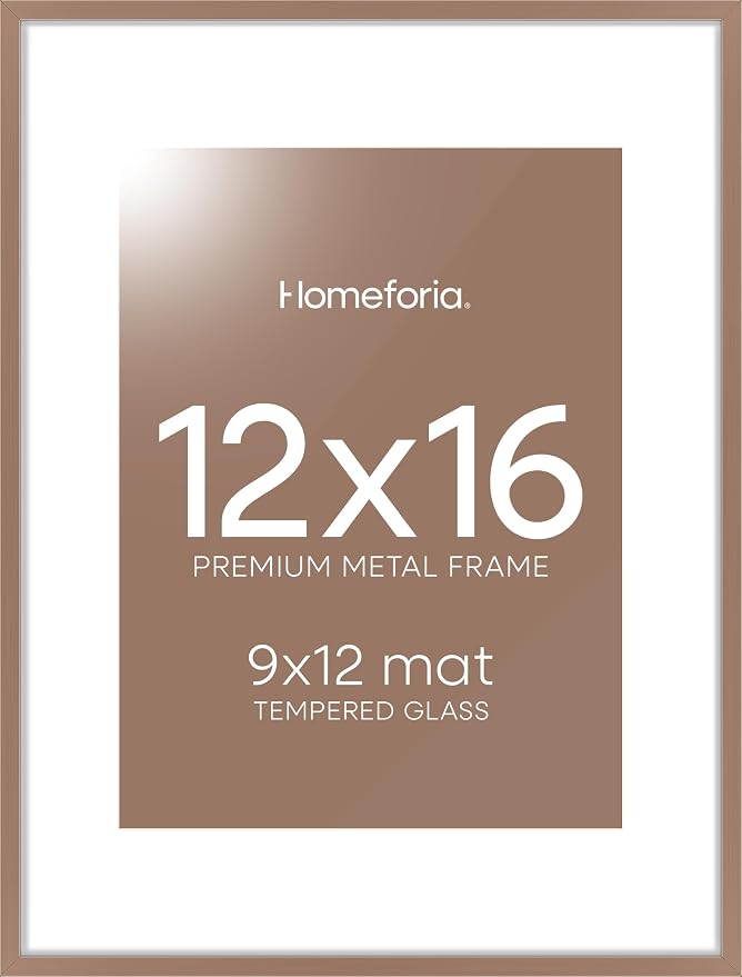 Homeforia 12x16 Picture Frame Mocha, High End Metal 12x16 Poster Frames with Mat 9x12 for Photo, 12 x 16 Mocha Frame Matted to 9 by 12 inch Print, 16x12 Thin Frames, Tempered Glass, Wall Kit, Set of 2