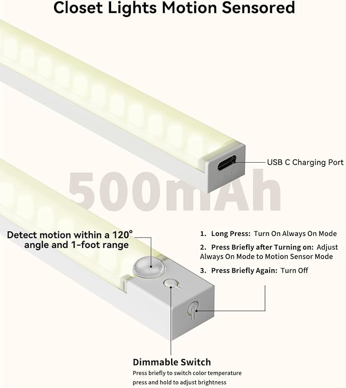 Under Cabinet Lighting 12 Inch 3-Pack, Rechargeable Motion Sensor Light Indoor, Dimmable 3 Color Temps Closet Lights Battery Operated, Stick Wireless Under Counter Lights for Kitchen, Stairs