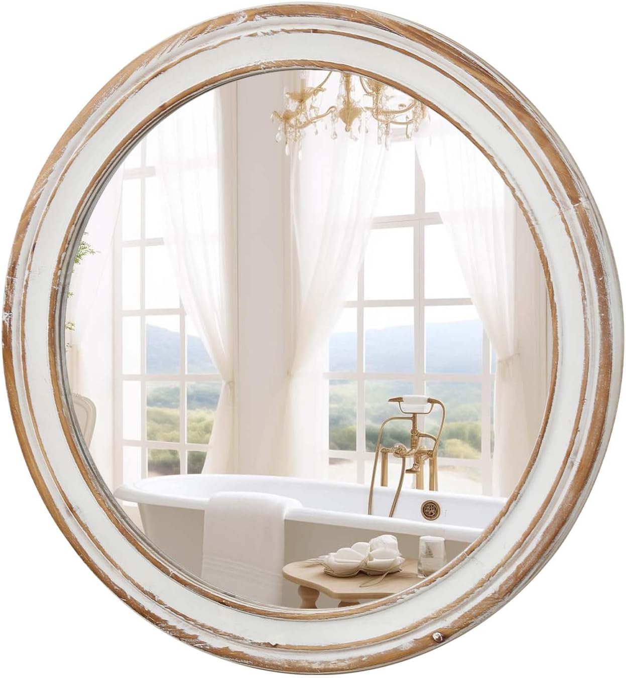 Round Bathroom Mirror for Vanity-Distressed Wood Circle Mirror, Farmhouse Entryway Mirror and Decorative Wall Mirrors for Living Room