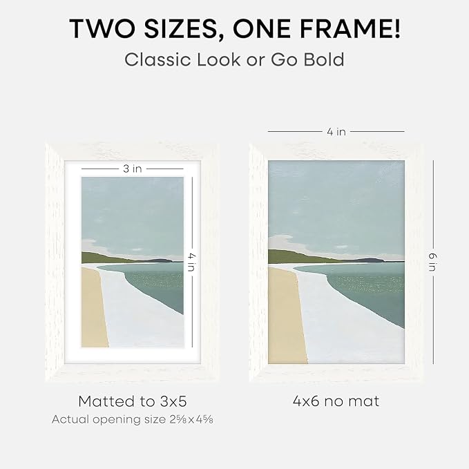 Homeforia White Picture Frames 4x6, High End Oak 4x6 Wooden Frame with Mat 3x5 Art, 4 x 6 White Wood Frames Matted to 3 x 5 inch Photo, 6by4 Wall or Tabletop Frame, Tempered Glass, Wall Kit, Set of 2
