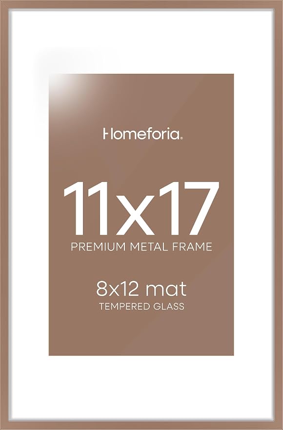 Homeforia 11 x 17 Picture Frame Mocha, High End Metal 11x17 Poster Frames with Mat 8x12 for Photo, 11 x 17 Mocha Frame Matted to 8 x 12 inch Print, 17x11 Thin Frame, Tempered Glass, Wall Kit, Set of 2
