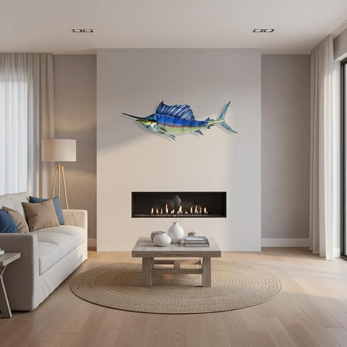 LIFFY Metal Fish Wall Decor,36" Large Swordfish Wall Art,Indoor Outdoor Tropical Ocean Glass Sailfish Art Sculptures Home Decorative Ornaments for Garden Porch Bedroom Living room