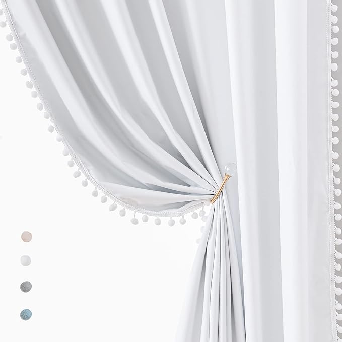 Treatmentex White Blackout Curtains for Living Room Bedroom 90inch Long Pom Pom Curtain Panels for Windows Thermal Insulated Curtains for Kids Nursery Room Rod Pocket 52" W x 2pcs