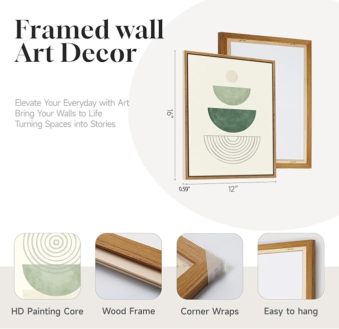 3 Piece Framed Minimalist Boho Canvas Wall Art for Bedroom, Abstract Sage Green Geometric Artwork for Walls, Green and Beige Picture Print Paintings for Hallway Office Wall Decor 12x16 Inch