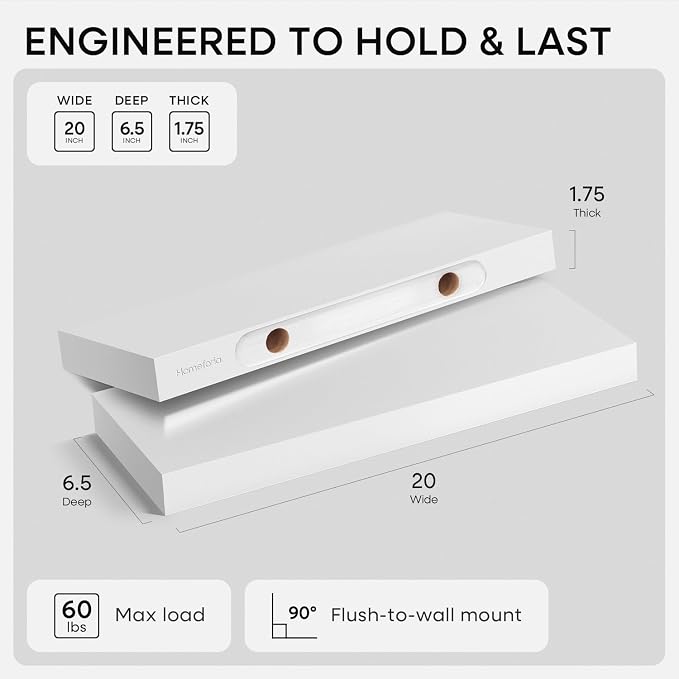 Homeforia White Floating Shelf 20 inch, High End Solid Real Wood 20inch Bathroom Floating Shelves for Wall Mounted, White Wooden 20in Floating Shelves, Heavy Duty Bracket, 20 X 6.5 X 1.75 in, Set of 2