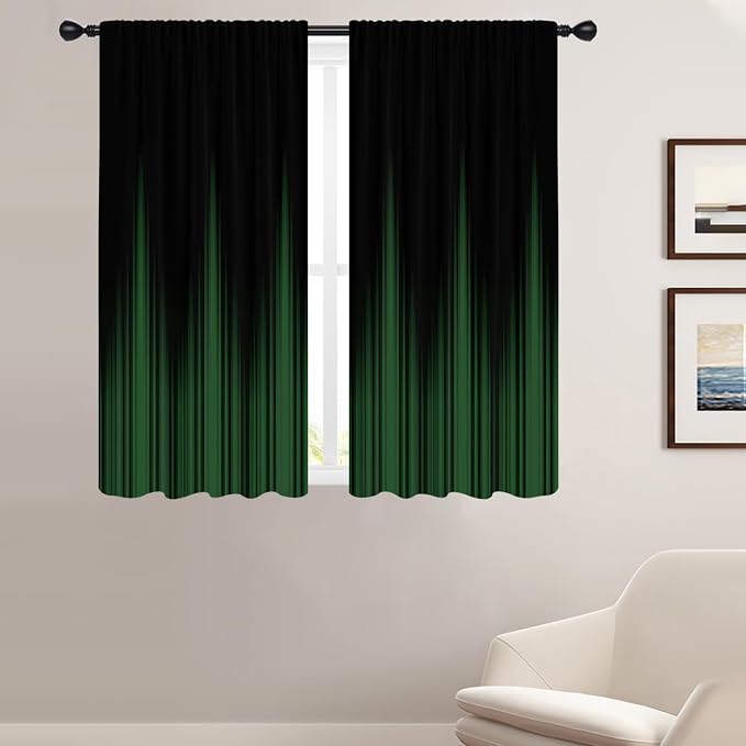 Coxila Black and Green Window Curtains for Bedroom 42 x 63 Inch Rod Pocket Dark Ombre Gothic Goth Mens Cool Gaming Anime Minimalist Art Modern Deco Living Room Treatment Set of 2 Curtain Panels Drapes