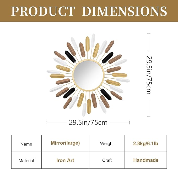 Sunburst Wall Decor Gold Sunburst Mirror,30”Gold Decorative Mirrors for Wall Handmade Living Room & Bedroom
