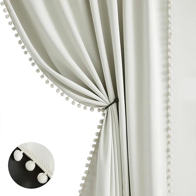 Treatmentex Pompom Blackout Window Curtain Panels Natural Ivory Full Blackout Curtains for Bedroom Basement Small Windows 52" W x 45" L 2 Panels Rod Pocket