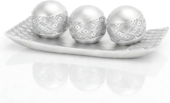 Silver Decorative Orbs with Tray Set, 3Pcs Resin Decorative Balls with Tray, Modern Accent Sphere for Coffee Table, Dining Table, Living Room, Entryway