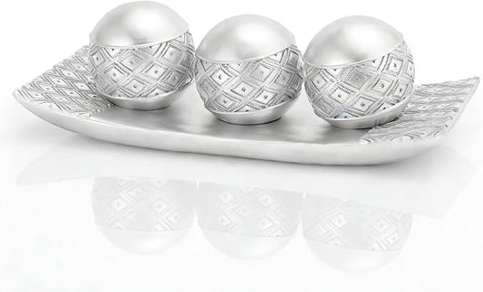 Silver Decorative Orbs with Tray Set, 3Pcs Resin Decorative Balls with Tray, Modern Accent Sphere for Coffee Table, Dining Table, Living Room, Entryway