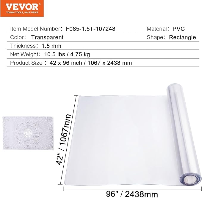 VEVOR Plastic Table Cover, 42 x 96 Inch 1.5 mm Thick Clear Rectangle PVC Desk Mat Protector, Waterproof & Easy Cleaning Desk Pad Tablecloth, for Office Dresser, Dining Room, Night Stand