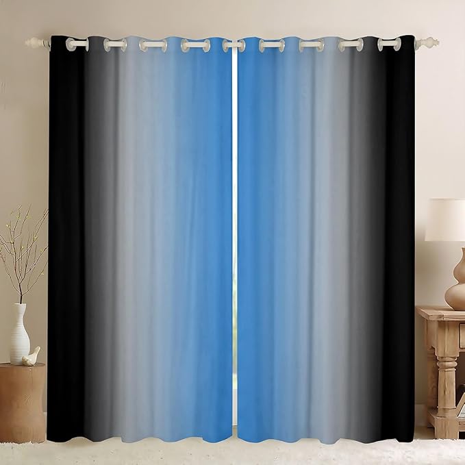 jejeloiu Blue Darkening Drapes (2 Panels, 38 x 54 Inch) Ombre Black Curtains for Bedroom Living Room for Kids Decor Gradient Style Blackout Curtains Abstract Window Treatments