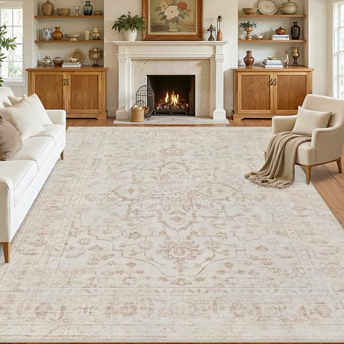10x12 Area Rug for Living Room: Vintage Boho Neutral Washable Rug Indoor Soft Large Area Rug Carpet for Bedroom Nursery Farmhouse Dining Room Office Floor Non-Slip Low Pile Under Table Rug Warm Beige