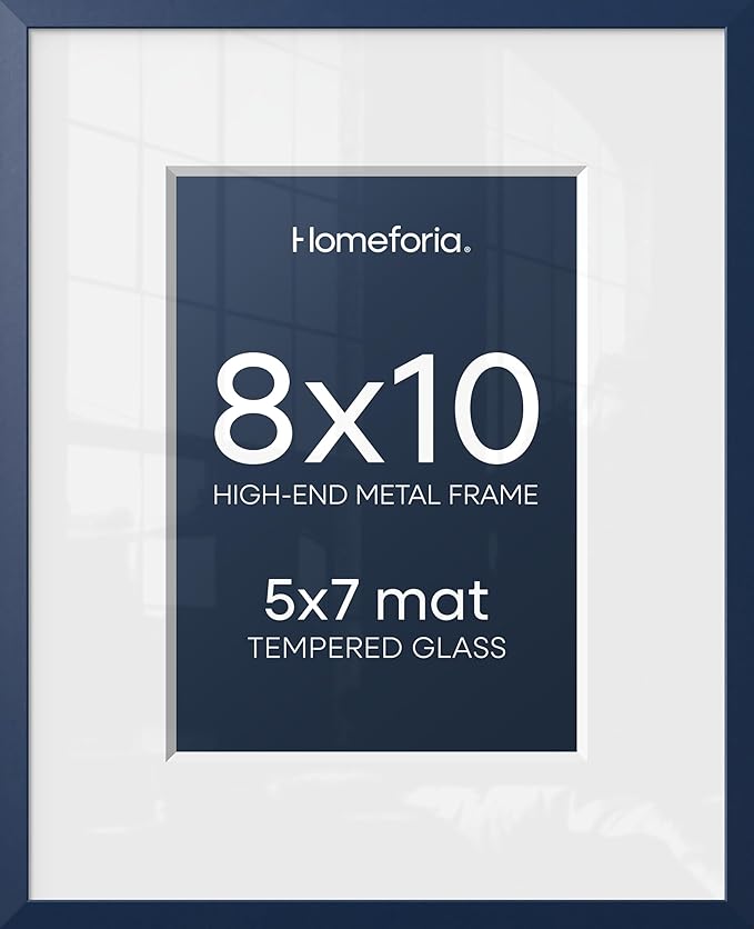 Homeforia 8x10 Picture Frame Navy Blue, High End Metal 8 x 10 Poster Frames with Mat 5 by 7 Print, 10x8 Thin Frame Matted to 7x5 Photo, 8by10 Wall or Tabletop Frame, Tempered Glass, Wall Kit, Set of 1