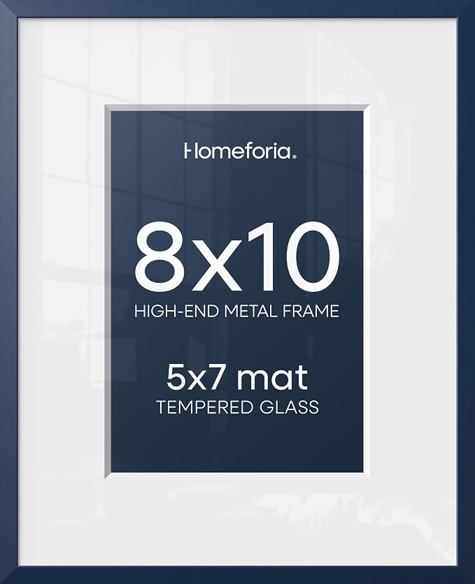 Homeforia 8x10 Picture Frame Navy Blue, High End Metal 8 x 10 Poster Frames with Mat 5 by 7 Print, 10x8 Thin Frame Matted to 7x5 Photo, 8by10 Wall or Tabletop Frame, Tempered Glass, Wall Kit, Set of 2
