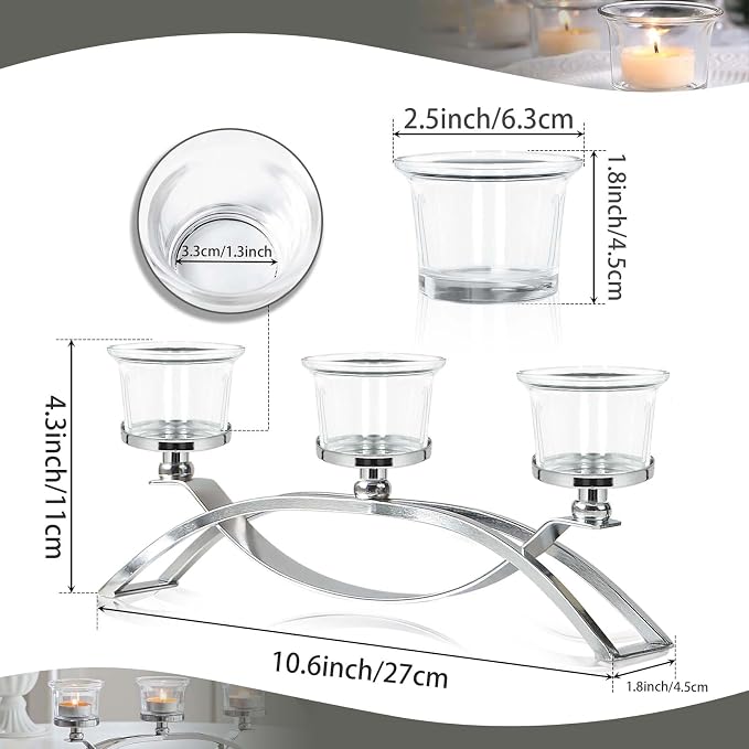 3-Arm Metal Tea Light Candle Holder Set with 5 Glass Cups, Votive Candle Holders Centerpiece Candelabra for Wedding Table Decor, Home Gatherings and Holidays (Silver, 5 Cups)