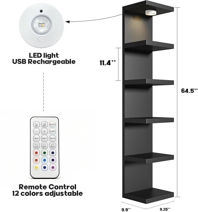 2 Pack 6-Tier Vertical Wall Shelf Unit with USB Rechargeable Led Light (Remote Controlled),Versatile Floating Display Shelves,Lack Style Wall Shelves for Bedroom,Living Room,Office Decor,Vanity-Black