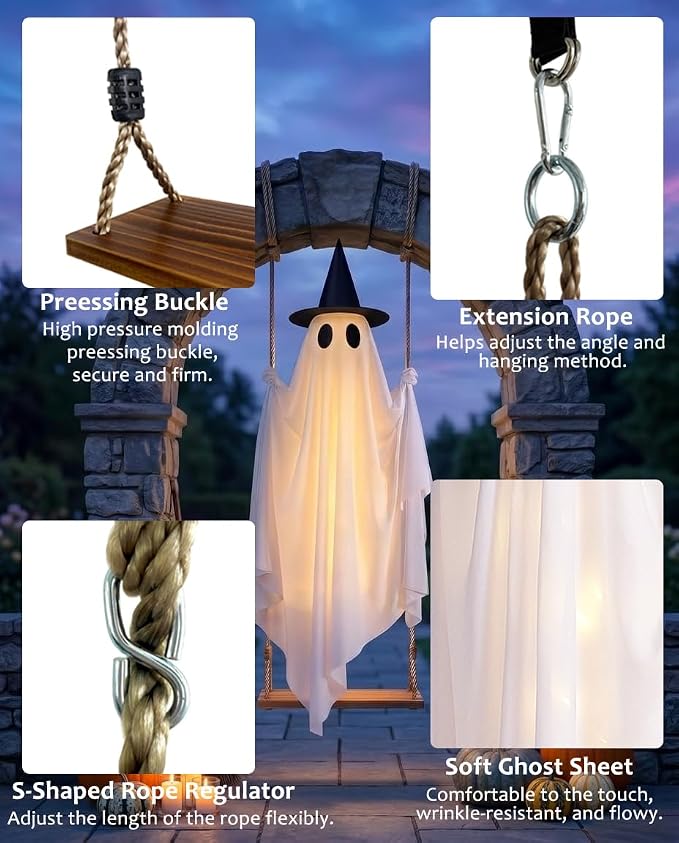 Halloween Hanging Swing Ghost Halloween Decor, Spooky Ghost Decor Outdoor | LED Lights & Remote Control, Timer Function, Waterproof, Solid Wood,With Witch Hat, Rope Adjustable