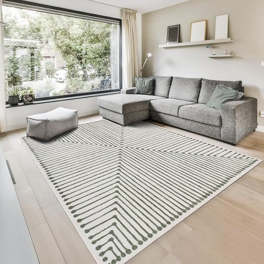 GLN Rugs Contemporary Collection - Machine Washable Area Rug, Contemporary Washable, Non Slip, Low Pile Chenille Rug, Living Room, Bedroom, Kitchen Rug (4' x 6' Green Beige)