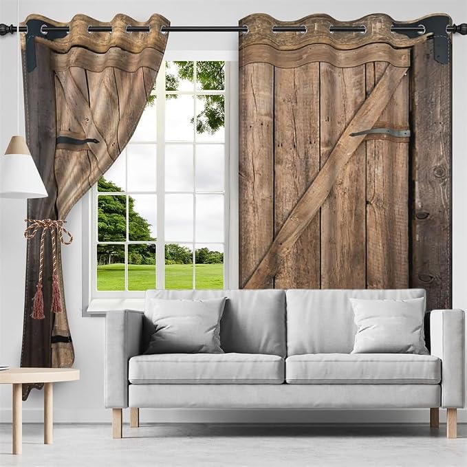 Rustic Curtains Vintage Wood Barn Door Old Garage Door American Native Country Farmhouse Farm Style Rural Art Architecture Living Room Bedroom Window Drapes Treatment,42x84 inch,2 Panels
