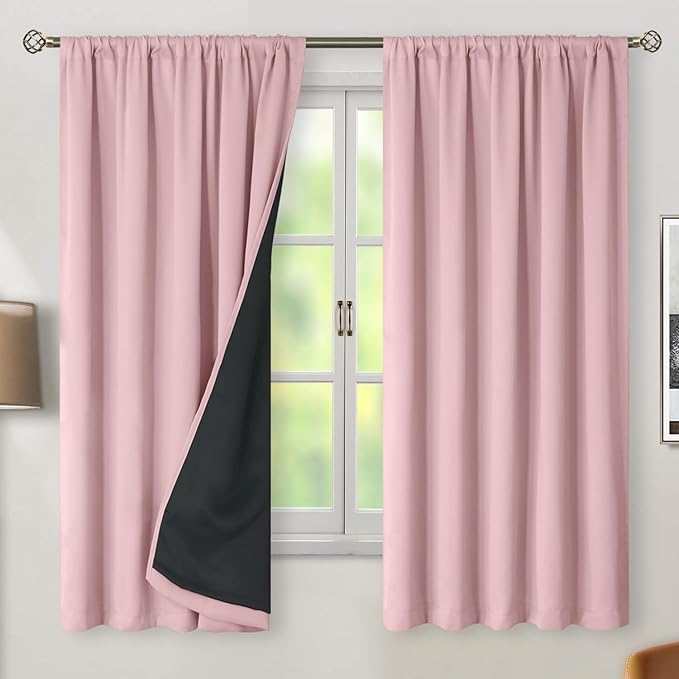 BGment Full Blackout Curtains with Thermal Insulation Liner Curtains 63 Inches Long, Rod Pocket and Back Tab Double Layer Room Darkening Window Curtain for Bedroom(52 x 63 Inch, 2 Panels, Pink)