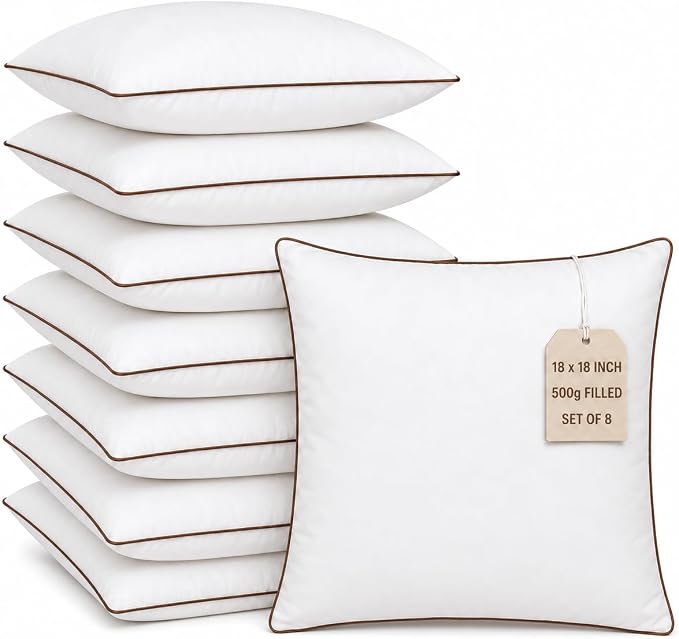 18 x 18 Inch Throw Pillow Inserts Set of 8 – Square White Cushion Forms with Brown Piping, 500g Filled for Decorative Pillow Covers