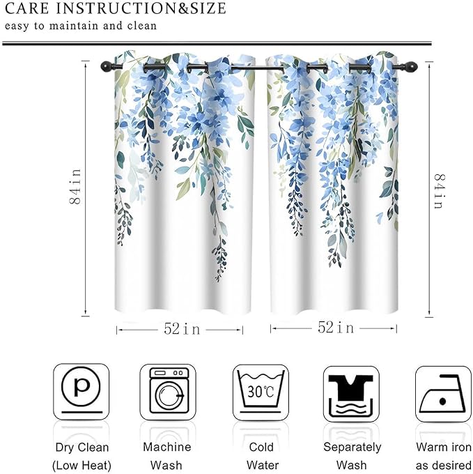 Blue Watercolor Floral Curtains, 52x84 inch, 2 Panels | Botanical Leaves Vine Flowers, Rustic Farmhouse, Blackout Window Treatment, For Bedroom Living Room